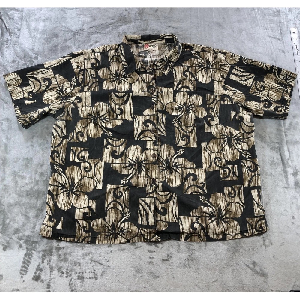 Vintage Hilo Hattie Shirt Womens 3XL Brown Black Hawaiian Floral Aloha 90s